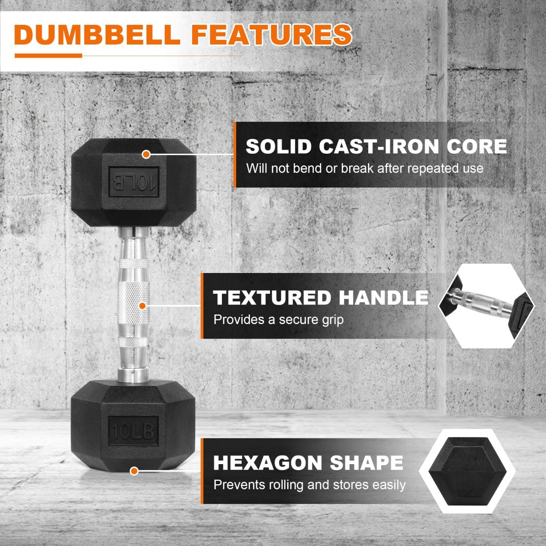 Hexagonal Dumbbells - Rubber Coated Weight Set for Home Gym