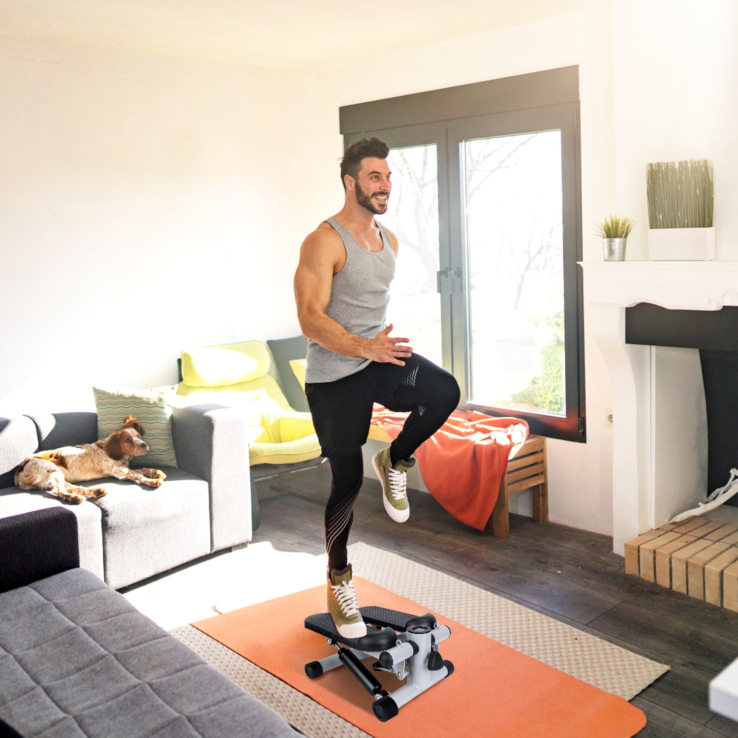 Man exercising on a mini stepper in a living room with a dog and colorful decor.