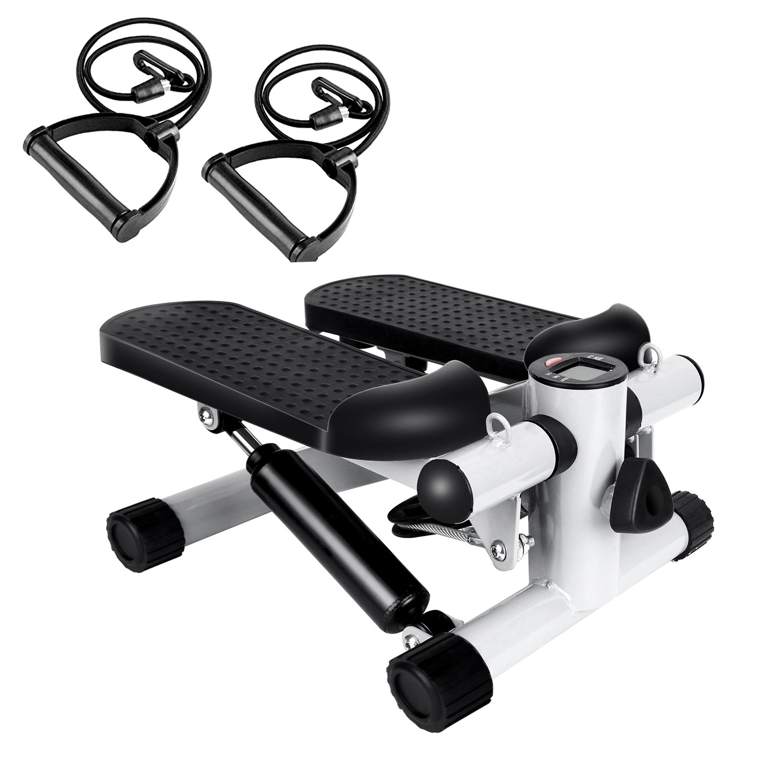 White and black exercise stepper with resistance bands on a white background