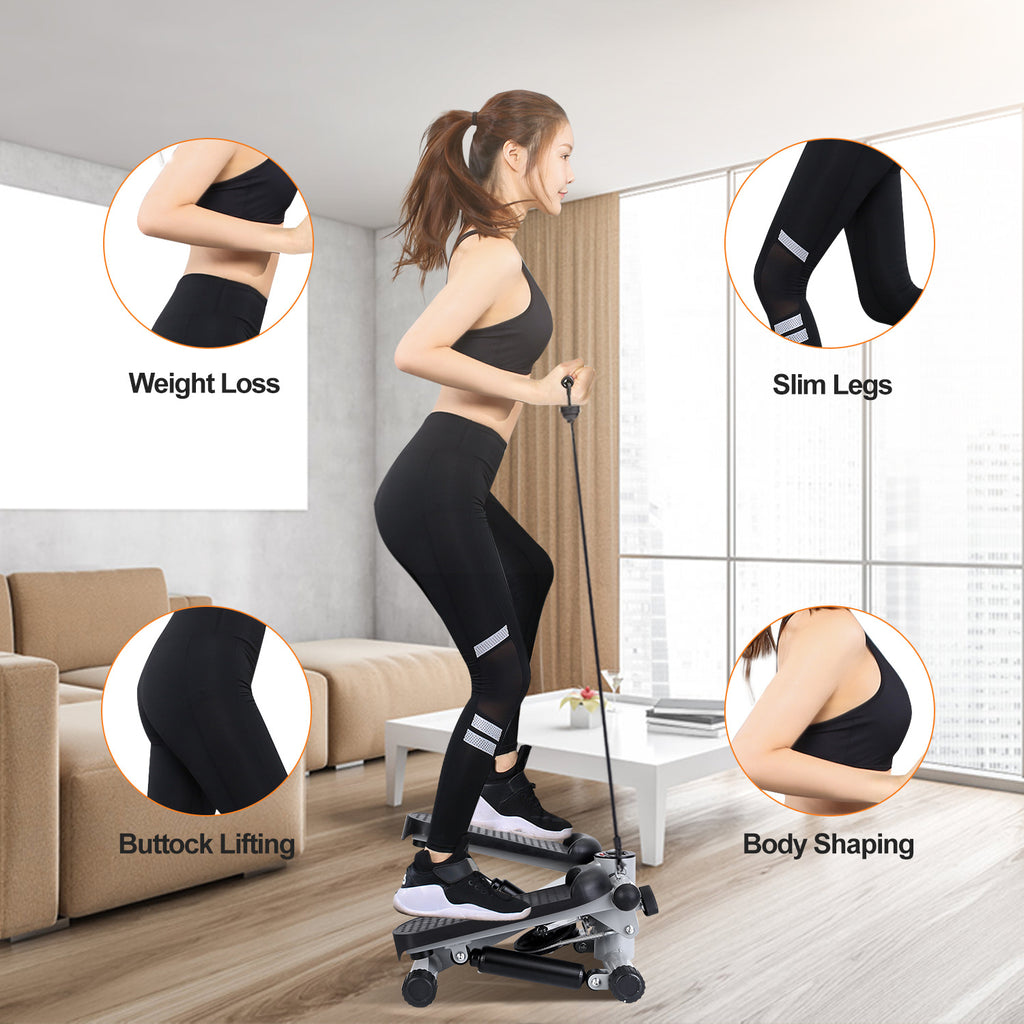 Woman exercising with a stepper in a living room, surrounded by insets showing the product's effects on weight loss, slim legs, buttock lifting, and body shaping.