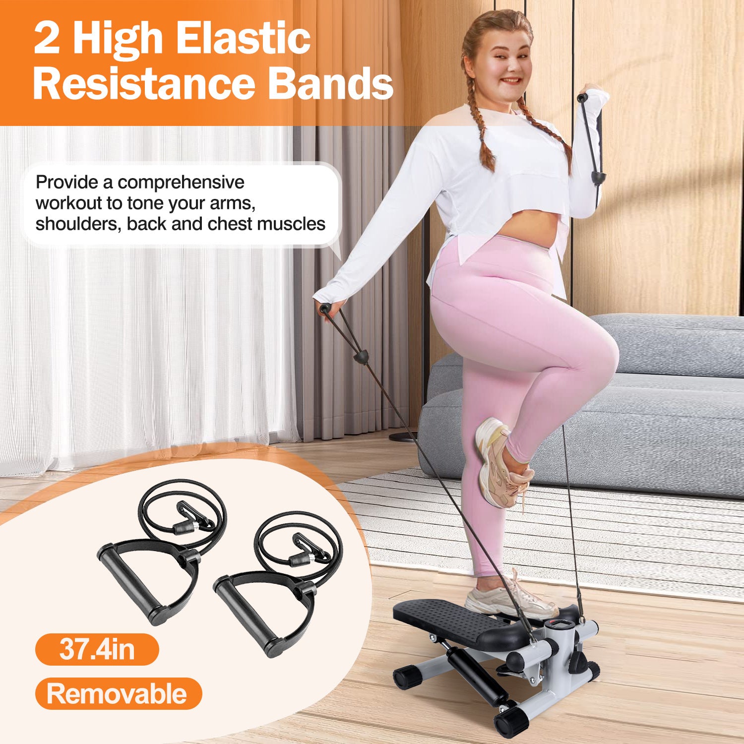 Woman exercising with high elastic resistance bands in a home setting
