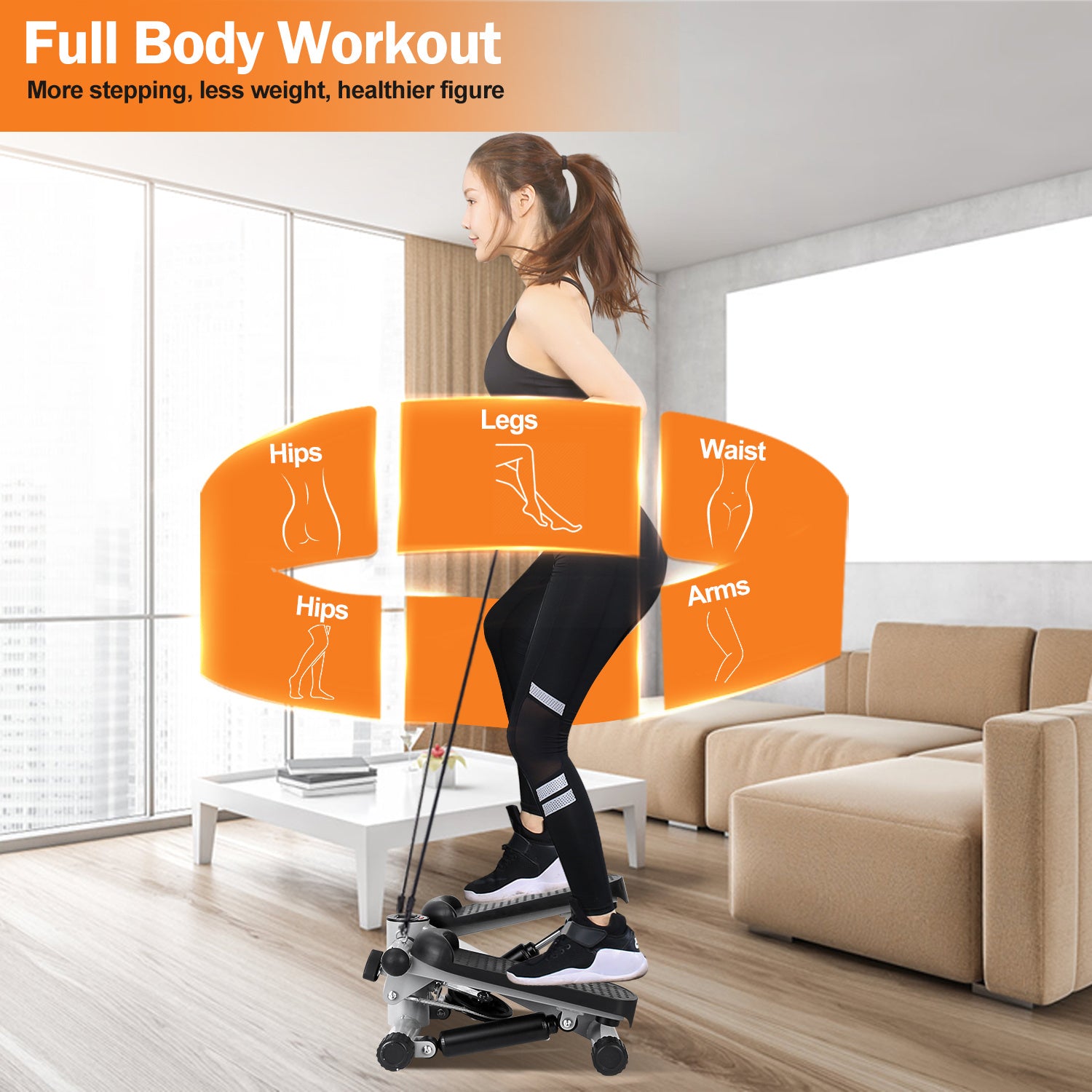 Woman using a step machine in a living room with text about full body workout.