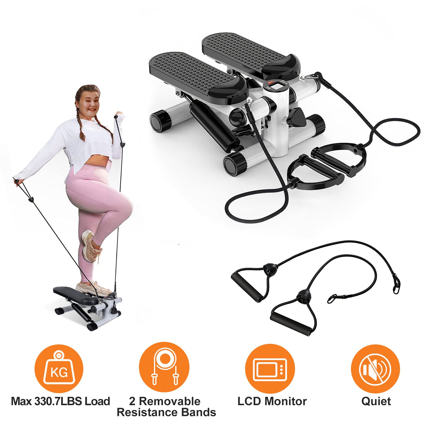 Step machine with resistance bands and a woman using it on a white background